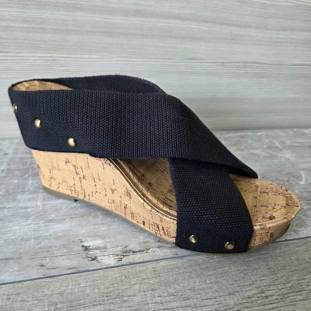 Esprit Womens 7 Black Canvas Studded Cork Wedge Platform Sandals Y2K Boho Slides